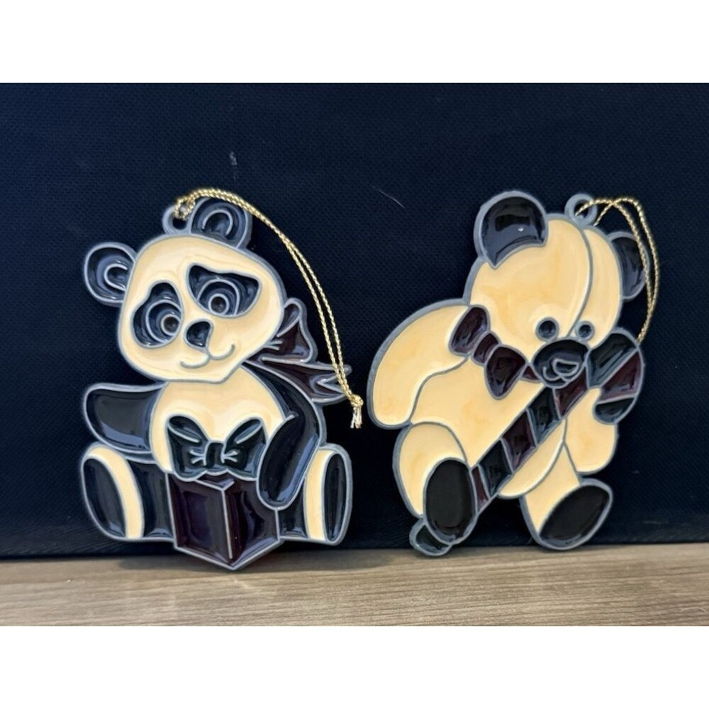Vintage Stained Plastic Christmas Suncatcher Ornaments Panda & Teddy Bear